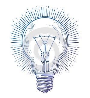 Glowing retro light incandescent bulb with rays. Hand drawn sketch vintage vector illustration photo