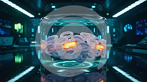 Glowing rings in futuristic laboratory container glass container