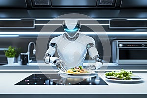 A glowing robot chef assembling a sleek plate of futuristic food in a high-tech kitchen