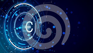 Glowing round euro hologram with polygonal mesh and bokeh circles on blurry blue backdrop. Digital banking, money and finance