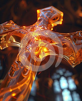 glowing sculpted golden amber cross