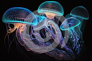 Glowing sea jellyfishes on dark background