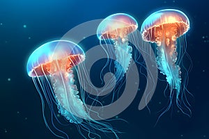 glowing sea jellyfishes on glowing blue background.