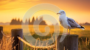 Glowing Seagull On Wooden Fence: Dutch Marine Scenes In 8k Resolution