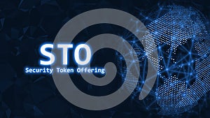 Glowing Security Token Offering STO text on 3D Rendering blue dotted world and abstract wired global network background. photo
