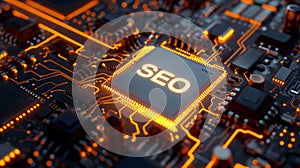 Glowing SEO Chip on a Motherboard