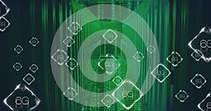 Glowing server rack aisle running through data center corridor, with 6G icons, binary streams