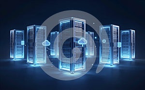 Glowing server racks in dark data center environment