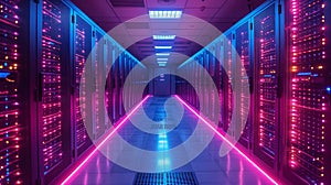 Glowing server racks standing as guardians of global information storage