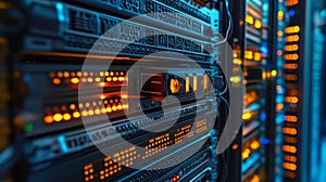 Glowing Server Room Network Hub for Data Storage, Processing, and Cloud Computing Infrastructure