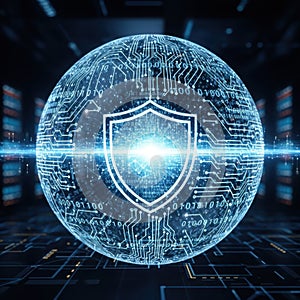 Digital shield protecting a futuristic globe of data