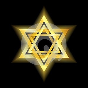 Glowing shiny gold Star of David on a black background vector illustration. Judaism sign.