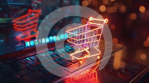 Glowing shopping cart on a laptop created with Generative AI. Concept of e-commerce.
