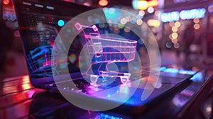 Glowing shopping cart on a laptop created with Generative AI. Concept of e-commerce.