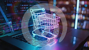 Glowing shopping cart in neon lights on a laptop created with Generative AI. Concept for e-commerce.