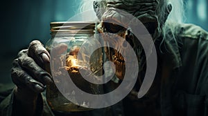 Glowing Skeleton Holding Candle Jar - Unreal Engine Photorealistic Rendering