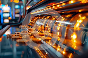 Glowing Slot Machine Close Up with Spinning Reels and Coins Cascade in Casino