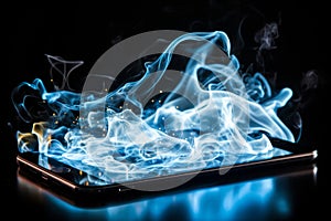 A glowing smartphone floating in mid air with light blue and yellow smoke in the background