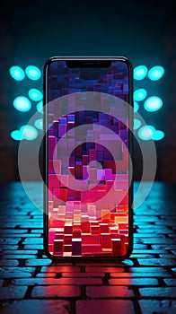 Glowing smartphone icon on brick backdrop radiates tech allure in urban environments.