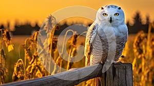 Glowing Snowy Owl Perched On Fence At Sunset
