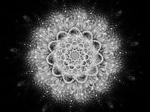 Glowing space mandala abstract background black and white