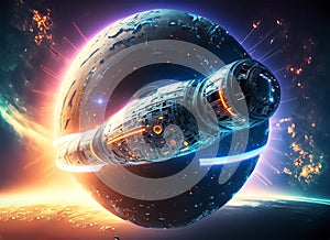 glowing spaceship orbits sphere in deep space. Generative AI