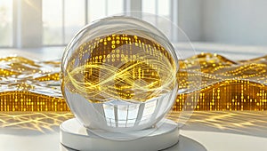 Glowing sphere containing digital world and binary code