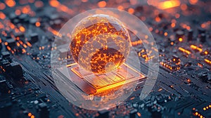 Glowing sphere creating data stream on circuit board