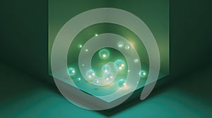 Glowing spheres floating in abstract green technological space