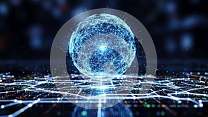 Consists of interconnected blue nodes and lines resembling a complex