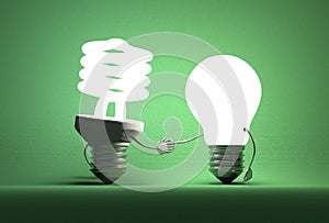 Glowing spiral light bulb character and tungsten one handshaking