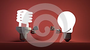 Glowing spiral light bulb and tungsten one fighting with fists