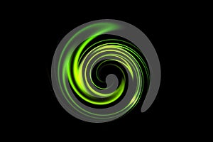 Glowing spiral tunnel with green light circle on black backdrop, abstract background