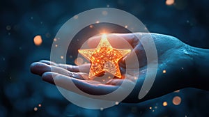 Glowing star held in hand with sparkling effects and blue bokeh background