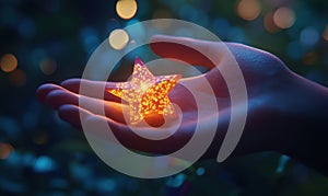Glowing star ornament held in hand with festive bokeh background
