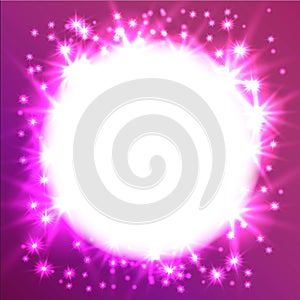 Glowing Star round frame. It can be used as an effect in the photo. Starry sky in a circle on a pink background.