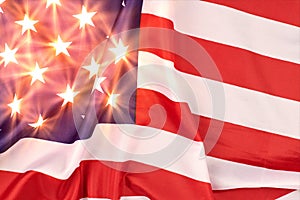 Glowing stars on USA flag, patriotic symbol of America