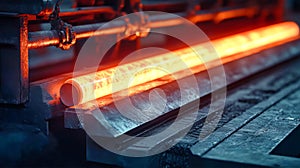 A glowing steel bar vibrates as it rolls through the industrial plant under soft artificial lighting, creating a striking contrast photo