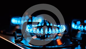Glowing stove top burner emits natural gas flame generated by AI