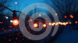 Glowing String Lights in the Evening, Casting a Warm and Festive Glow on a Snowy Night.