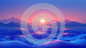 Sunrise over mountainous landscape with vibrant waves at dawn