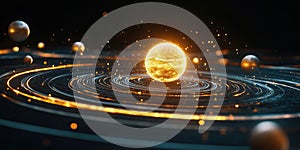 Glowing Sun Surrounded by Orbiting Planets in Cosmic Space Scene