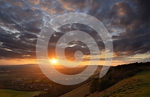 Glowing sunset view from Colley Hill between Reigate and Dorking in Surrey, UK