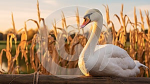 Glowing Swan: Majestic Pose On Farm Fence With Lush Cornfield