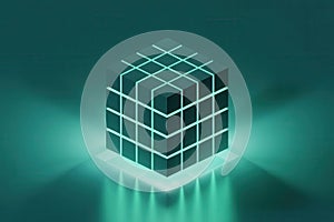 Glowing Teal Cube with Grid Pattern on Dark Background