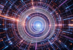 Glowing tech tunnel with orange and blue circuit patterns