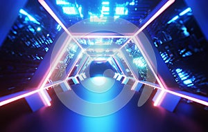 Glowing Techno Corridor Futuristic 3D Render with Abstract Design-High-Tech, Cyber and Neon Elements