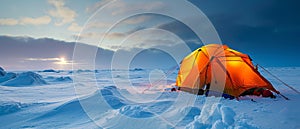 Glowing tent in a snowy Arctic landscape at dusk, showcasing serene yet harsh environment.