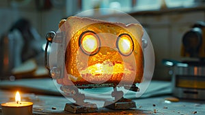 Glowing Toast Robot Amidst Workshop Chaos