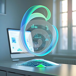 Futuristic holographic interface displaying data analytics and charts technology